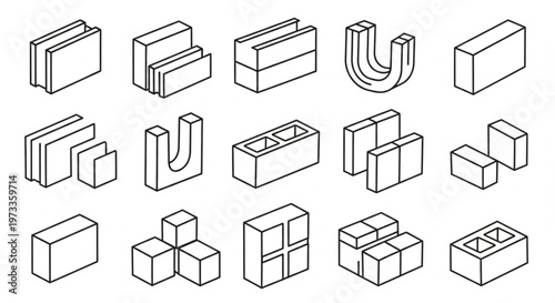 Isometric Line Drawing of Various Brick and Block Types