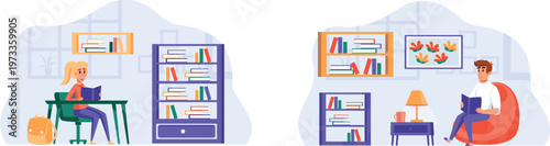 Two individuals enjoying quiet reading time in cozy home libraries