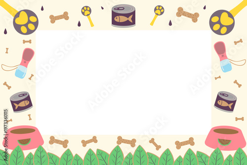Summer pet mealtime frame with copy space for text. Flat design vector background for dog feeding service and pet shop promotional poster