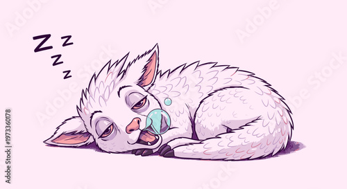 Cartoon sheep sleeping peacefully with drool on pink background  