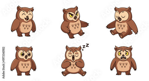 Cartoon owl character expressing various emotions and actions  