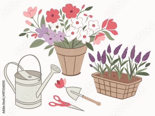 A charming illustration of flowers gardening tools and potted plants