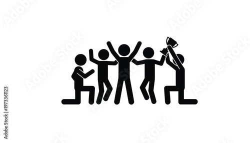 Group of stick figures joyfully celebrating a significant team victory with a raised trophy and triumphant gestures.