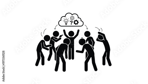 Team of stick figures working together to generate creative ideas, solve complex problems, and innovate for future success.