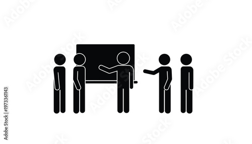 Stick figure group participating in an interactive business meeting while watching a presentation on a white board