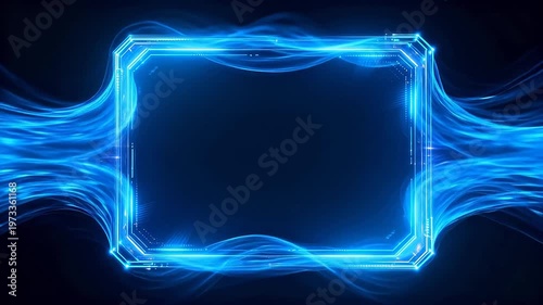 Glowing rectangular frame with blue light streams in dark space
