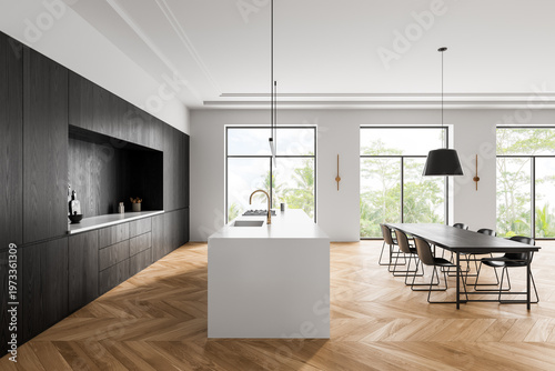 Modern minimalist kitchen interior with spacious dining area, large windows, warm wood flooring, sleek dark cabinetry and bright island design architecture. 3D Rendering