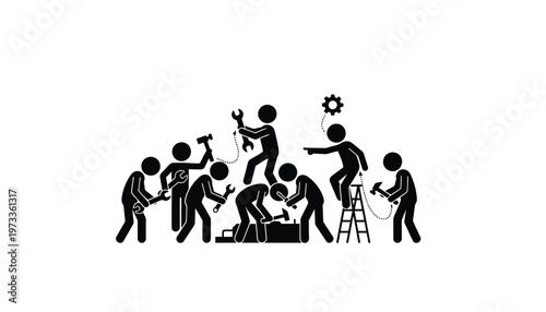 A diverse team of stick figures collaboratively works on a complex project using various tools and supervision