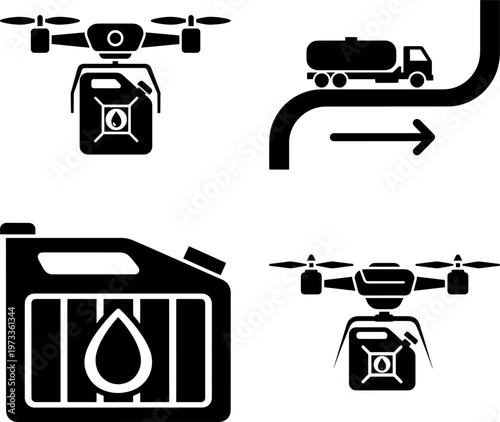 Drone delivering oil and fuel canisters with truck transport