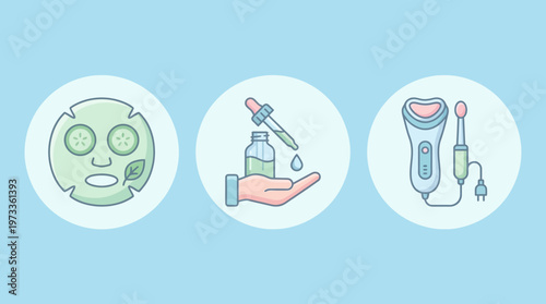 Beauty treatment icon pack featuring facial mask, skincare dropper, and treatment equipment icons