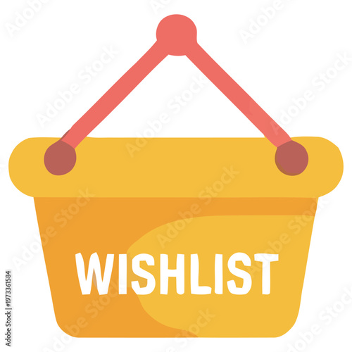 A brightly colored flat design illustration of a shopping basket with the word wishlist
