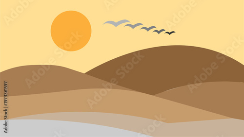 Minimalist desert landscape with sand dunes, sun and flying birds vector illustration