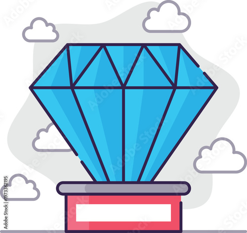 A large blue gemstone emerging from a pink and grey pedestal with clouds around