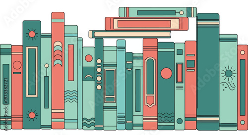 Colorful assortment of unique book spines in a modern flat design, representing education, stories, and the pursuit of wisdom