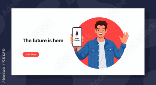 Young man holding a mobile phone with a rocket icon on screen and the text 'The Future is Here'