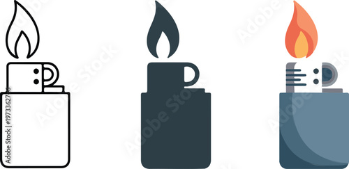 Minimalist cigarette lighter vector icon set featuring flame ignition in outline, solid silhouette, and flat blue color styles for camping and utility branding.