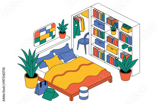 Cozy isometric bedroom interior with bed, bookshelf, plants, and window.