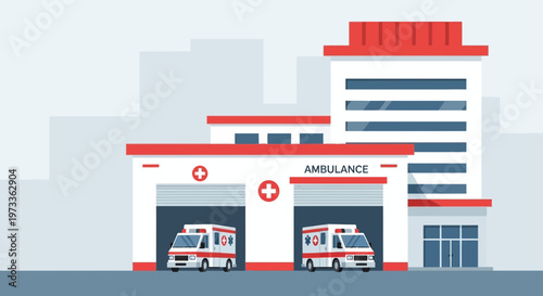 Ambulance station with two emergency vehicles parked outside, modern building facade