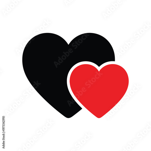 Vector illustration of two intertwined hearts, one black and one red, symbolizing love, affection, and relationships, in a simple and modern graphic design.