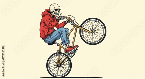 Vibrant graphic illustration of a skeleton character in a red hoodie executing an epic bicycle wheelie, embodying thrilling street sports culture