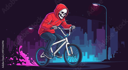 A dynamic skeleton figure in a vibrant red hoodie rides a BMX bike through a neon-lit urban nightscape, creating a splash of electric pink