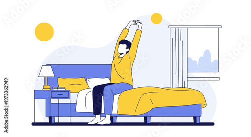 Man stretching in bed in the morning, waking up refreshed, healthy lifestyle