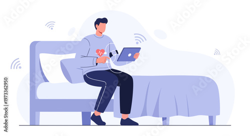 Man using tablet in bed with wireless signals, health monitoring concept