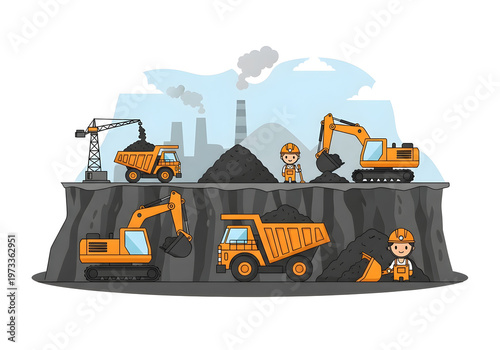 Coal mining operation with heavy machinery, trucks, excavators, and workers in a quarry