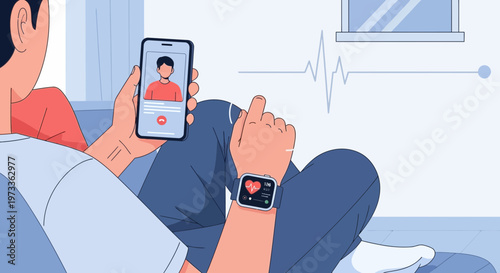 Man using smartwatch and smartphone for remote health monitoring and video call