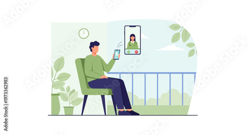 Man video calling on balcony, enjoying online communication with friend or family