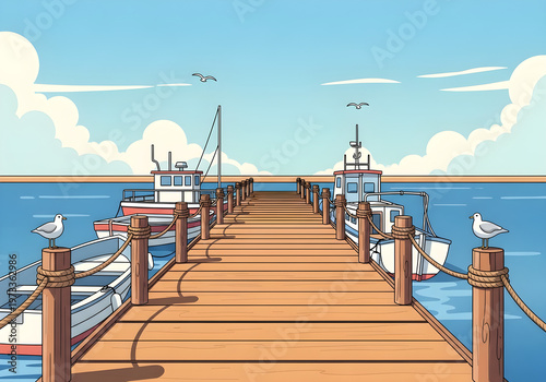 A picturesque wooden pier stretches out over a calm, azure sea, with two boats docked and seagulls soaring in the bright, blue sky above