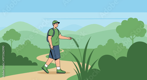 Man walking on nature trail, touching grass, enjoying outdoor activity and healthy lifestyle