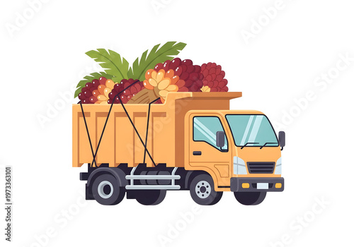 Illustration of a dump truck carrying harvested palm oil fruit, signifying agricultural production and raw material transportation