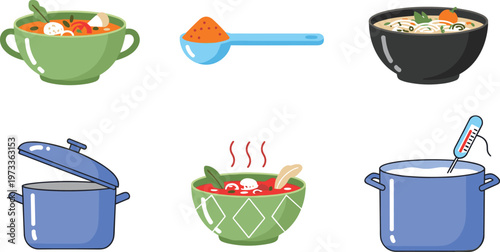 Soup Cooking Set with Pots, Bowls and Ladle Kitchen Food Preparation Illustration Collection with Hot Soup Dishes Vector Style