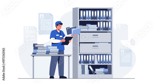 Medical professional organizing patient records in a filing cabinet and desk