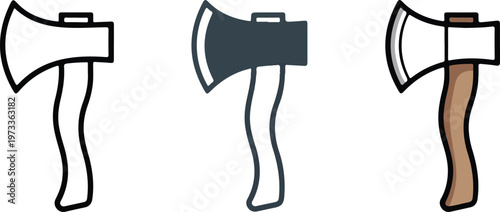 Minimalist axe vector icon set featuring wood cutting hatchets in outline silhouette and flat orange color styles for woodworking and camping branding.