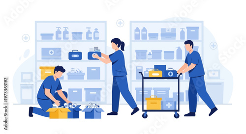 Medical staff organizing supplies in a hospital storeroom, healthcare, medicine, logistics