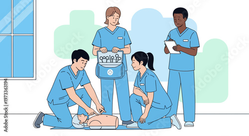 Medical Students Practice CPR on Manikin, Emergency Training Simulation