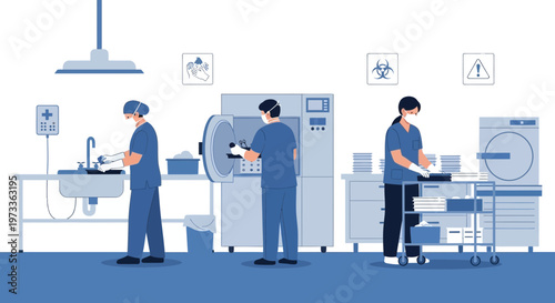 Medical sterilization process in a laboratory with healthcare professionals