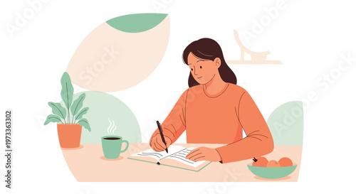 Woman writing in journal at desk with coffee and fruit, mindful journaling concept
