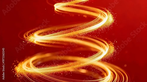 Golden spiral light trails with sparkles on red background