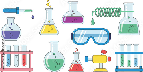 Chemistry Laboratory Equipment Set with Beakers, Flasks, Test Tubes and Safety Goggles for Science Experiment and Education Illustration Design