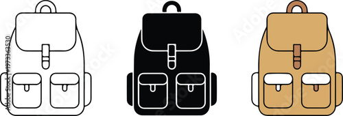 Minimalist travel backpack vector icon set featuring a rucksack with pockets in outline, solid silhouette, and flat tan color styles for hiking and school branding.