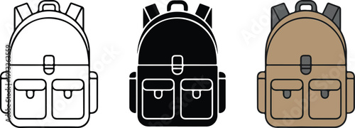 Minimalist travel backpack vector icon set featuring a rucksack with pockets in outline, solid silhouette, and flat tan color styles for hiking and school branding.