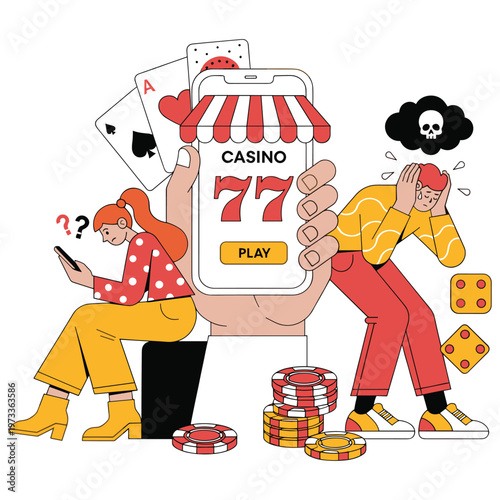 Gambling addiction with people on smartphone casino, showing stress and uncertainty.