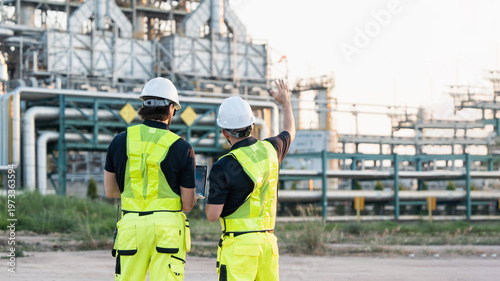 Foto Two men in bright yellow vests and white helmets inspect large industrial plant with pipes and structures, conducting safety review and equipment assessment under clear sky, examining refinery