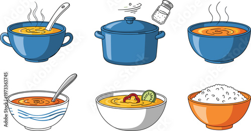 Soup and Rice Bowl Food Set with Cooking Pot, Spoon and Hot Soup Dishes Kitchen Meal Illustration Collection