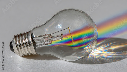 Classic glass light bulb lying on its side casting vivid rainbow spectrum light refraction on grey reflective surface with copy space