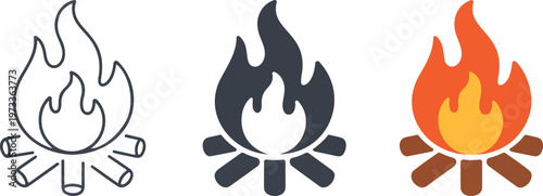 Minimalist travel backpack vector icon set featuring a rucksack with pockets in outline, solid silhouette, and flat tan color styles for hiking and school branding.