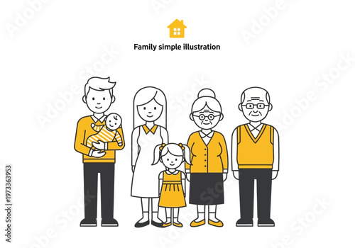 Minimalist Multi-generational Family Illustration with Parents, Children, and Grandparents in Yellow and Black Line Art Style